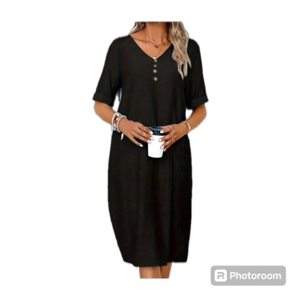 Short Sleeve Loose Fit Dress with Pockets XL - Black